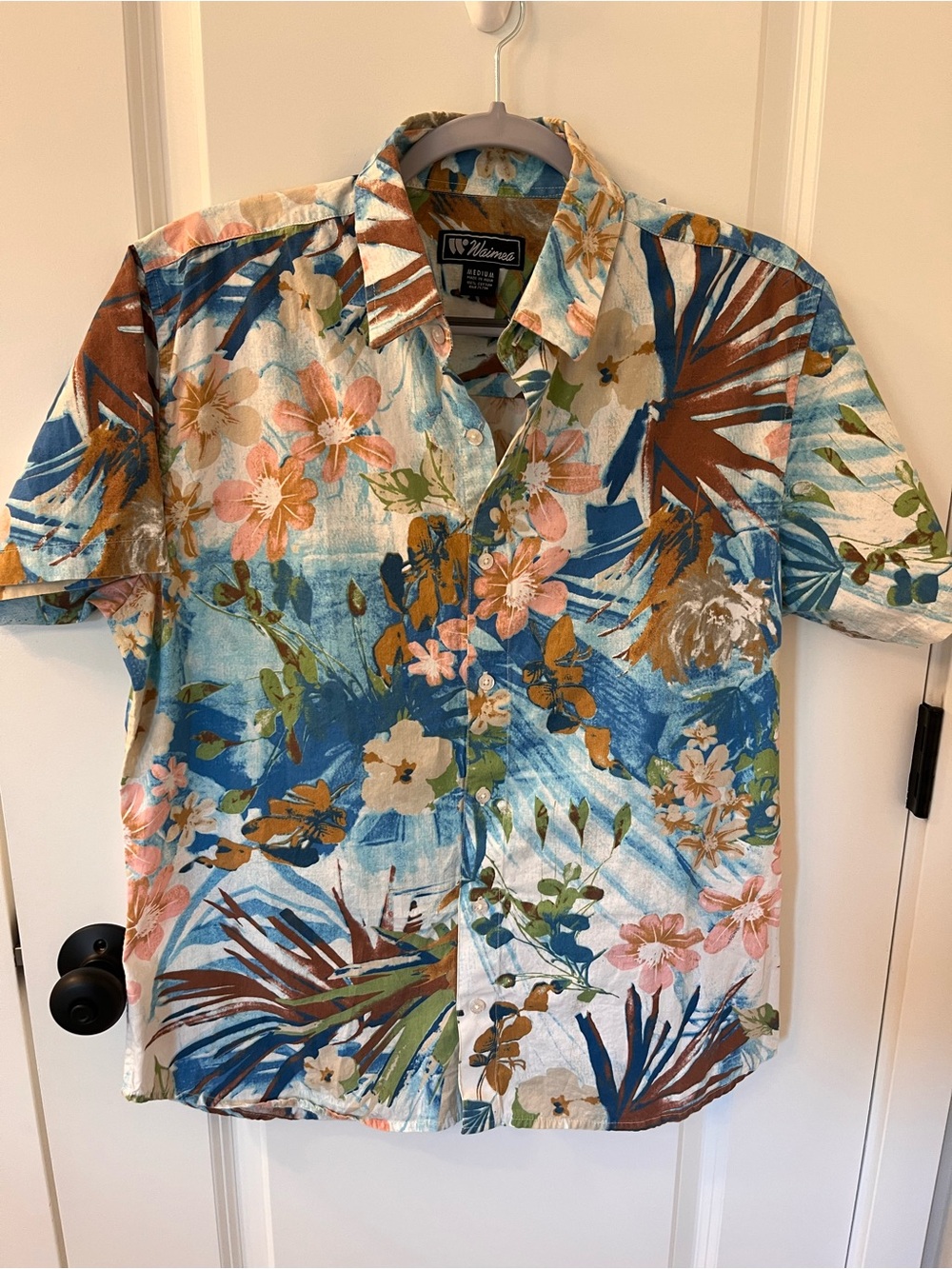 Vintage-Inspired Hawaiian Short-Sleeve Button-Down Shirt - Blue, Brown, Pink